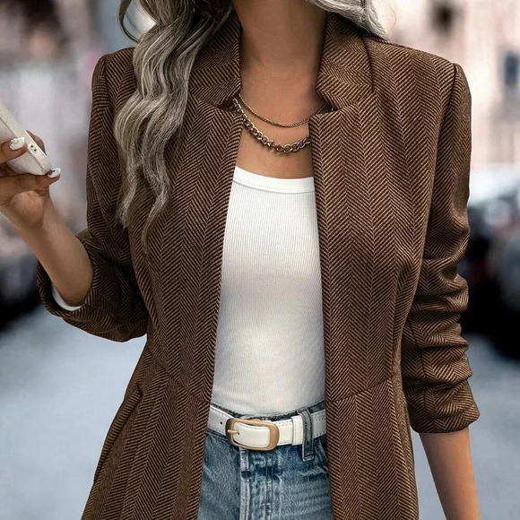 Coffee Brown Casual Women's Herringbone Pattern Long Sleeve Overcoat - Picture 4 of 7